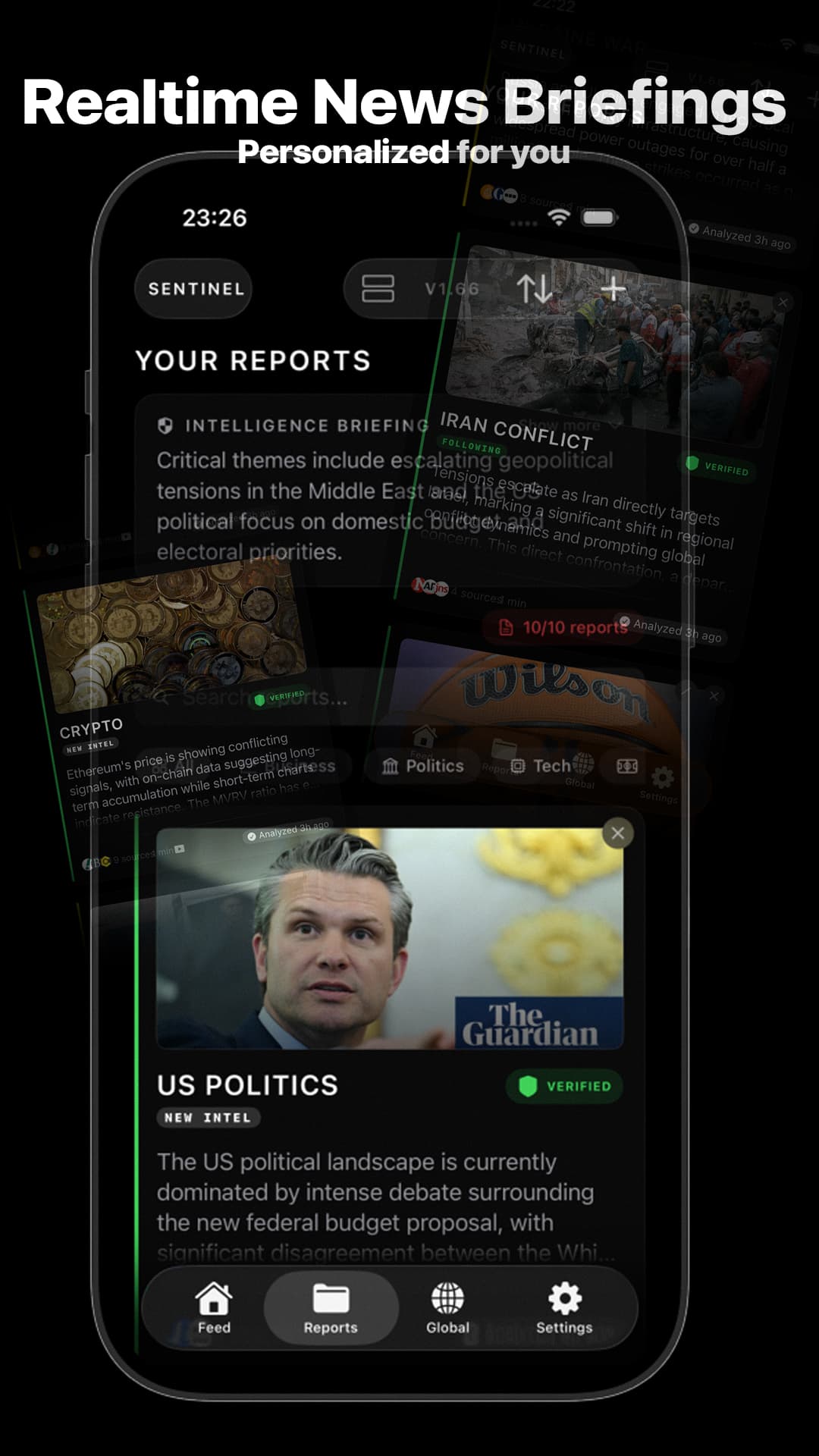 sentinel, app store artboard: real-time intelligence reports